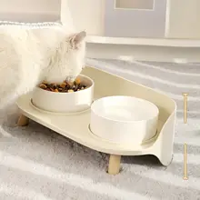 猫用陶器製ダブルボウル【食器・水飲み用・首を守るデザイン・ペット用品】