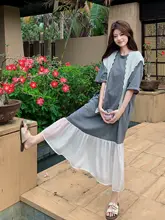浅灰色メッシュカラー切替Tシャツワン  ピース【夏用・カジュアル・長袖】