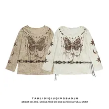 春季のスタイル！バタフライプリントのロングスリーブTシャツ【ルーズフィット・ウエストベルト付き】（セットアップ対応）