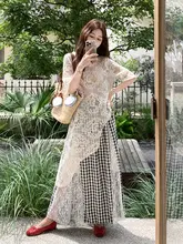 フランス風レース切替チェック柄フレアスカート【夏用・不規則デザイン・フィット】（セットアップ対応）