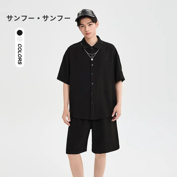 シンプルな無地の肌理タッチのメンズカジュアルポロシャツとショートパンツ（セットアップ対応）