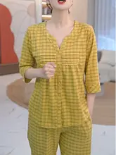 夏用コットンチェック柄長袖パジャマ【大きいサイズ・ルームウェア】（セットアップ対応）