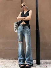 ハイウエストデニムパンツ【水洗い加工・ダメージデザイン・ストレートワイド・フレアブーツカット】