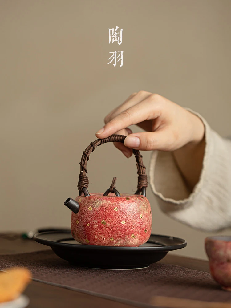 彩陶製 大容量ティーポット【仿古デザイン・紅色・工芸茶具】