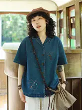 夏用のユニセックス刺繍入りレトロデニムシャツ【半袖・クラシックデザイン】