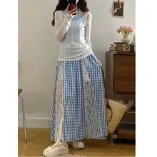 レースボーダー付きチェック柄ロングスカート【女性用・体型カバー・エレガントデザイン】（セットアップ対応）