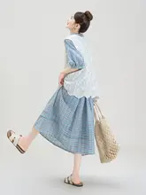 レトロチェック柄のフリル付き半袖ワンピース【刺繍・透かし編みデザイン・夏用】（セットアップ対応）