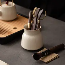 米色の汝窯茶道筒 六君子功夫茶具【陶器製・茶夹・茶さじ・茶針付き】