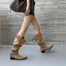 広筒デザインのレトロ風長靴【ウエスタンスタイル・粗めのヒール】