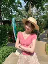 女性用クロスVネック短袖トップス【ラズベリーピンク・シンプルデザイン】（セットアップ対応）