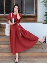 ワインレッドのウエストを絞ったバルーンスリーブワンピース【夏用・Aライン・ファッション性抜群】