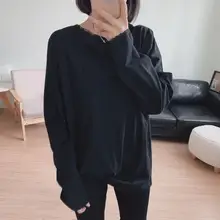 上品なラウンドネックレーストリムコットン長袖Tシャツ【ルーズフィット・中丈】