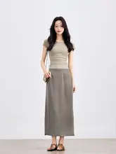 小柄にぴったりのハイウエスト中長丈スカート【夏のスタイル・ドレープ感のあるストレートデザイン】