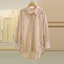 麦刺繍の花柄通勤用ゆったりシャツ【スリムシルエット】