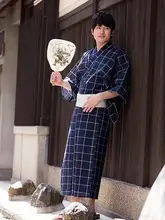 男性用浴衣【日本伝統・武士風・コットンリネン製・ウエストベルト付き】
