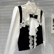 フリル付きレースパッチワークの蝶結びブラウス【春季・フレンチスタイル・女性用】