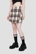 高腰チェック柄スカート【レトロスタイル・Aライン・不規則ヘム・女性用】