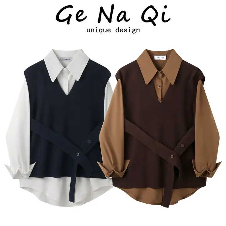 秋季新作 韓国風 カジュアル 風合いのある2点セット レディース リボン付き ニットベスト 長袖シャツ（セットアップ対応）