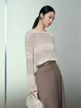 春季新作の透かし編みストライプニットプルオーバー【長袖・女性用】