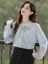 木耳飾り付きリボン長袖シャツ【ゆったりとしたシルエット・アカデミックスタイル】