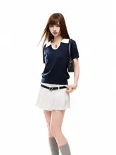 ポロ襟の配色半袖Tシャツ【女性用・ウエストシェイプ・夏用】