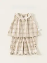 夏用 可愛いチェック柄ブラウスと七分丈パンツ【女の子用・レース付き・おしゃれ】（セットアップ対応）