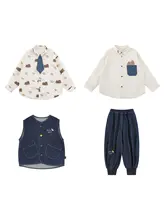 春季向け 幼児用デニムベスト＆シャツ【シンプルなアルファベット・ボタン付き・カジュアル】（セットアップ対応）