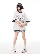 Tシャツ レディース 半袖 クルーネック 子犬柄 フロッキー加工 アメカジ ヴィンテージ プレッピー ゆったり 若見え バイカラー