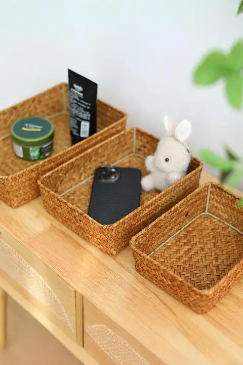 Kens 自然素材の海草編みデスクオーガナイザー【洗面用品・リモコン・鍵収納用】