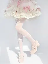可愛い蝶結びデザインのロリータ風白色タイツ【花柄・浮光蝶舞】