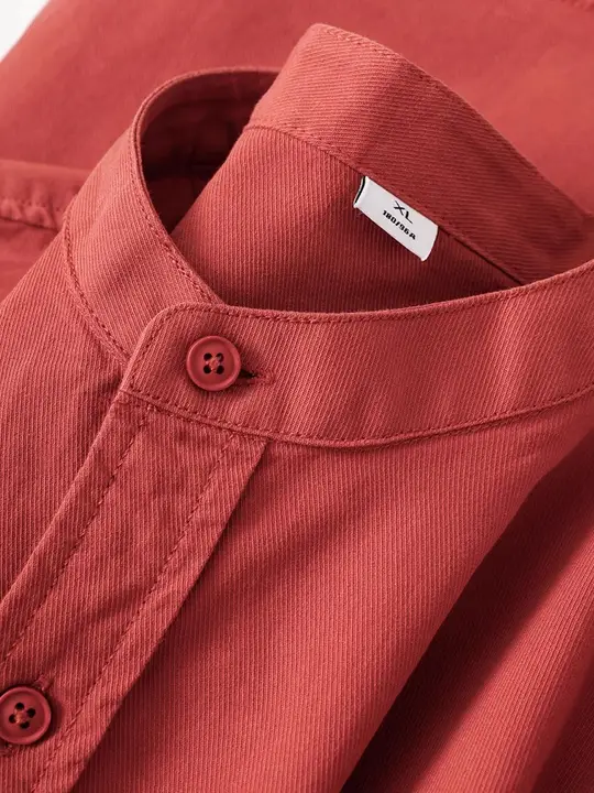 搭念 ワインレッド ヘンリーネック 長袖シャツ【レトロスタイル・シンプルデザイン・秋用】