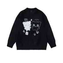 猫の刺繍入りラウンドネックニットセーター【秋冬用・ユニセックス・ルーズフィット】（セットアップ対応）