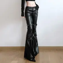 レトロなダークなレース とメタルボタンのレッグリング付きレザー微ラウンドパンツ【スタイリッシュでスリムなカジュアルパンツ】