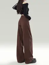 深いコーヒーカラーのハイウエストワイドレッグデニムパンツ【秋冬用・ストレート・フィット・丈長】