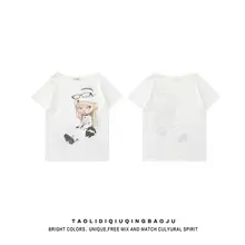 Y2Kスタイルのドールプリント半袖Tシャツ【フィット・透け感・斜め肩デザイン】