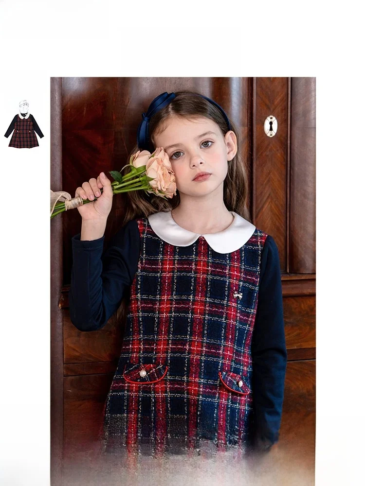 チェック柄のフェイク2ピースワンピース：2歳女の子のおしゃれに最適な学院風セットアップ