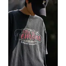 ROCKYABLE メンズ・レディース用 ヴィンテージ風 コットンラウンドネック半袖Tシャツ【ウォッシュ加工・プリントデザイン】