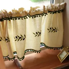 オリーブリーフ刺繍入り半カーテン【アメリカンスタイル・北欧風・取り付け簡単】