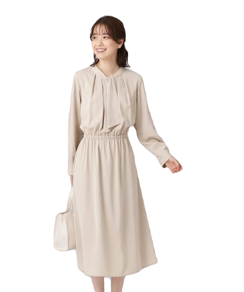 春用 柔らかなドレープのリボン付き長袖ワンピース【2つの着こなし】