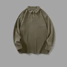 ポロ襟のアメリカンヴィンテージ長袖Tシャツ【秋用・無地・ゆったりカジュアル】（セットアップ対応）