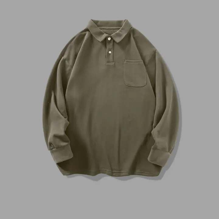 ポロ襟のアメリカンヴィンテージ長袖Tシャツ【秋用・無地・ゆったりカジュアル】（セットアップ対応）