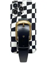 ブラックホワイトチェック柄 本革ストラップ付きレトロデザインカメラレンズ対応スマホケース【13 Pro Max用】