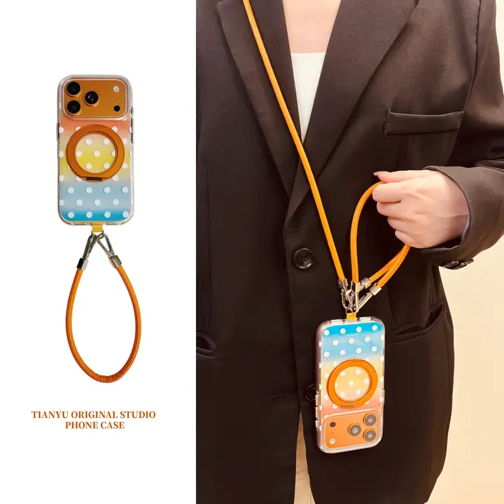 カラフルドットデザインの回転式スマホスタンド【iPhone用・高級感シリーズ・夏向け】