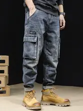 秋季用 カジュアルワイドストレートデニムパンツ【多ポケット・工装デザイン】（セットアップ対応）