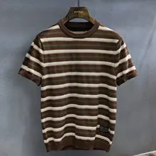 レトロストライプデザインのニットTシャツ【フィット感あるラウンドネック・メンズ・半袖】