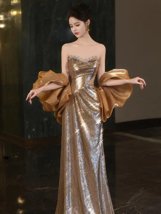 新婦 結婚式敬茶用 フィッシュテールドレス【フランス風・高級感・ビジュー付き・エレガント】
