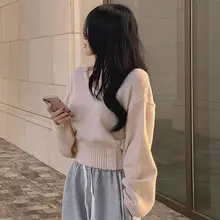 ヴィンテージ風Vネックニットセーター【ウエストシェイプ・長袖・女性用】