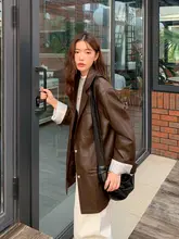 ブラウンレザーコート【レディース・韓国風・ヴィンテージ・ルーズフィット・中長丈】