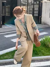 テーラードジャケット ワイドパンツ セットアップ レディース デニム パッチワーク フェイクレイヤード ルーズ カジュアル 韓流 秋