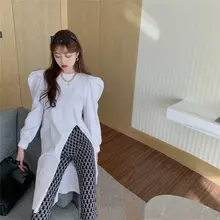 トレンドデザインの開襟Tシャツ【パフスリーブ・ミディアム丈】（セットアップ対応）